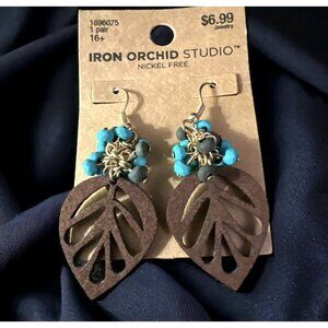 Iron Orchid Studio Blue Bead & Brown Felt Leaf Dangle Drop Earrings